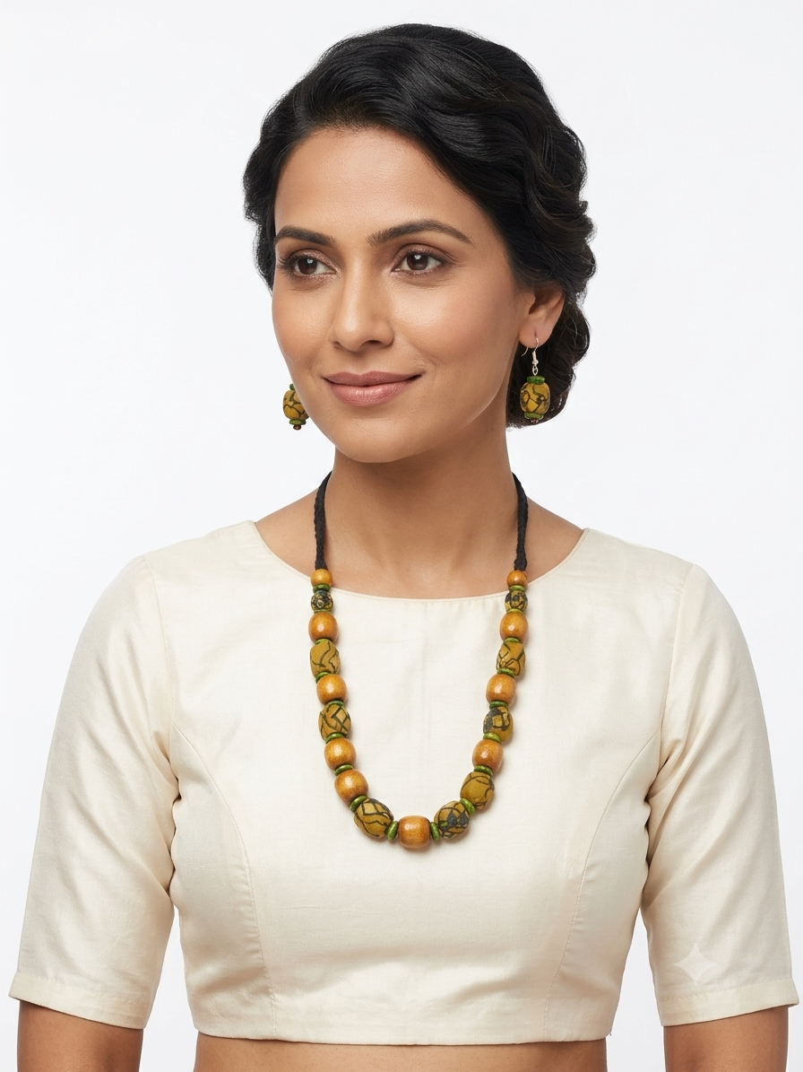 Cotton Mustard Ajrakh Beaded - Image 2