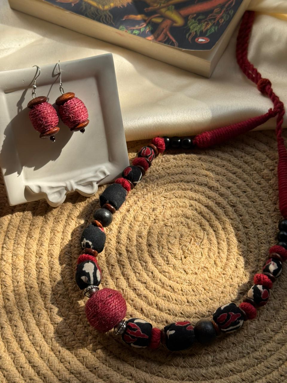 Block Printed Black & Red Ajrakh Beaded - Image 9