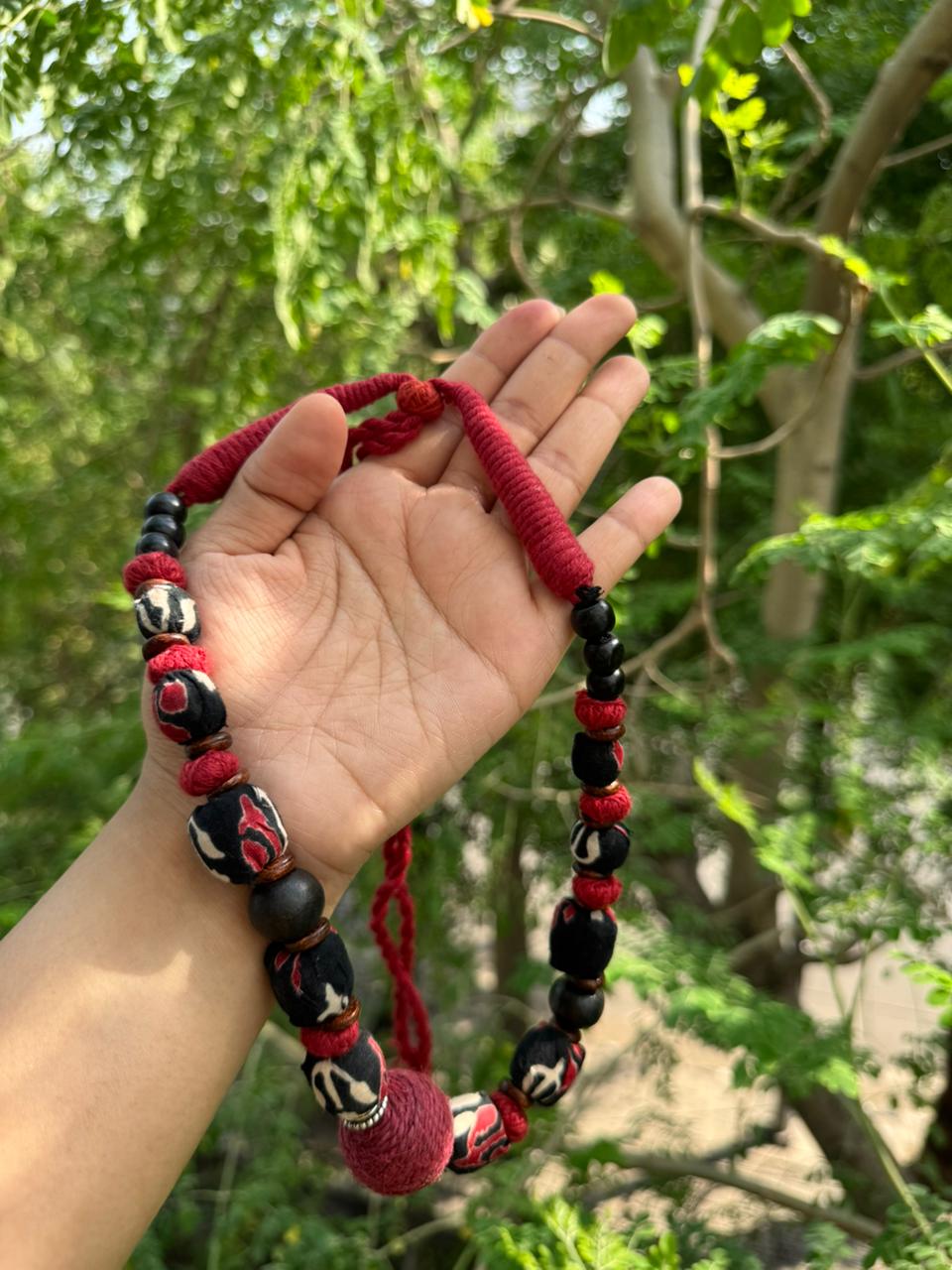 Block Printed Black & Red Ajrakh Beaded - Image 7