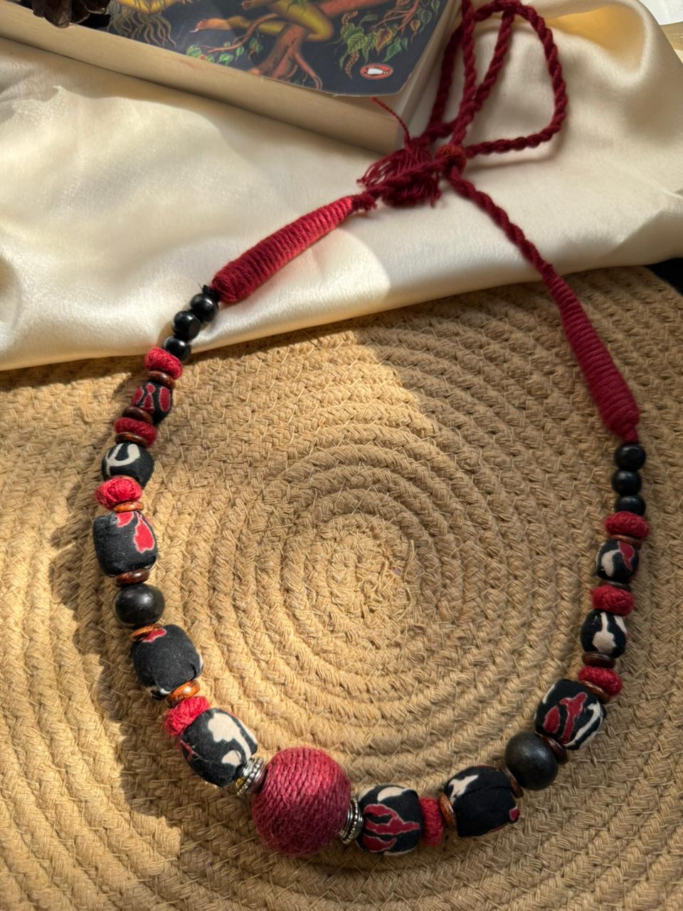 Block Printed Black & Red Ajrakh Beaded - Image 6