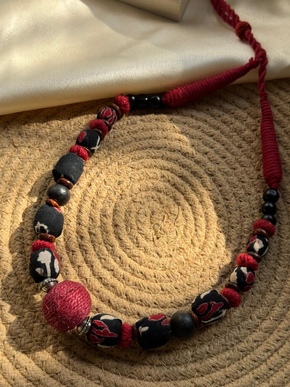 Block Printed Black & Red Ajrakh Beaded - Image 5