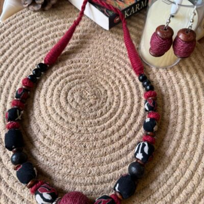 Block Printed Black & Red Ajrakh Beaded