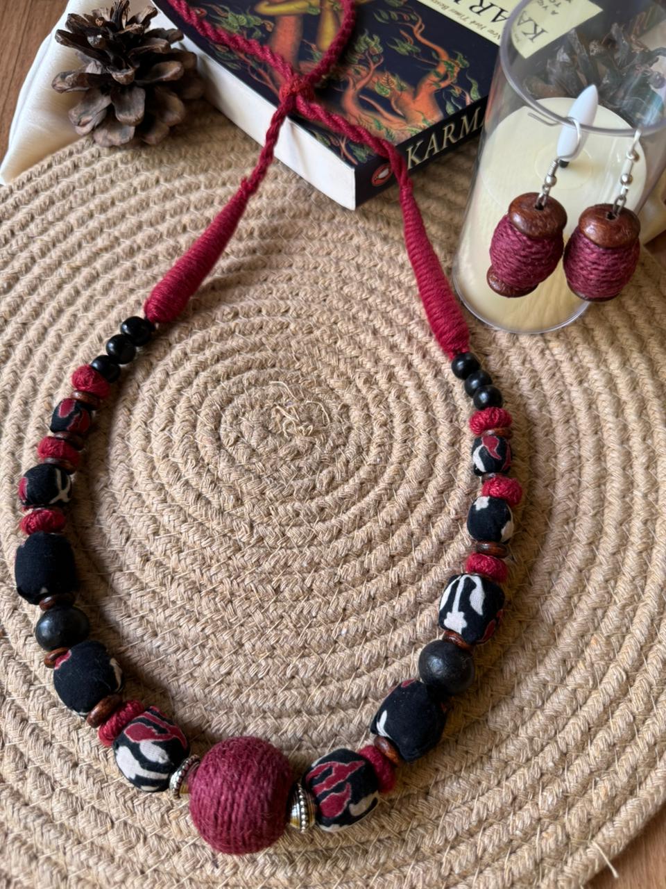 Block Printed Black & Red Ajrakh Beaded
