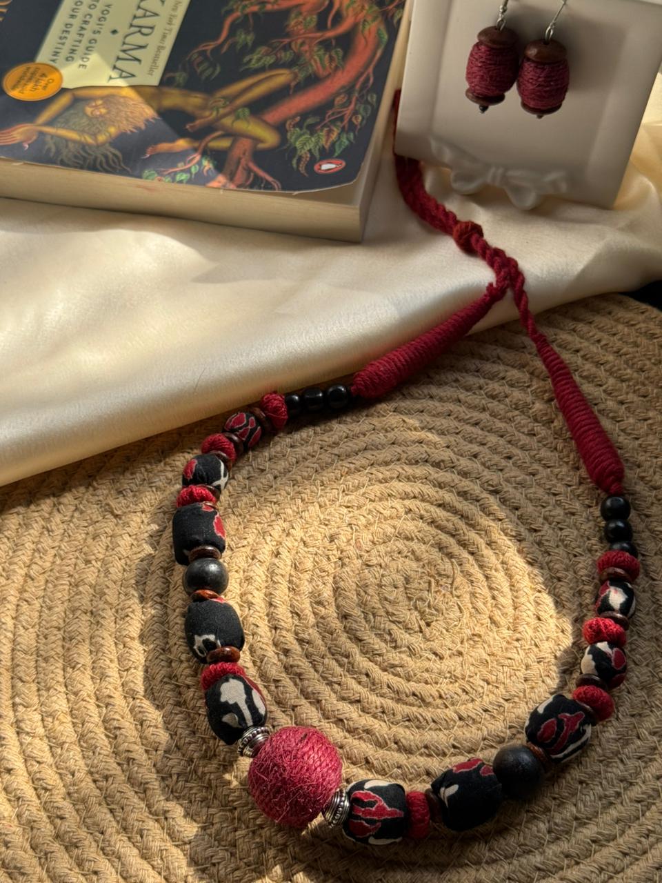 Block Printed Black & Red Ajrakh Beaded - Image 3