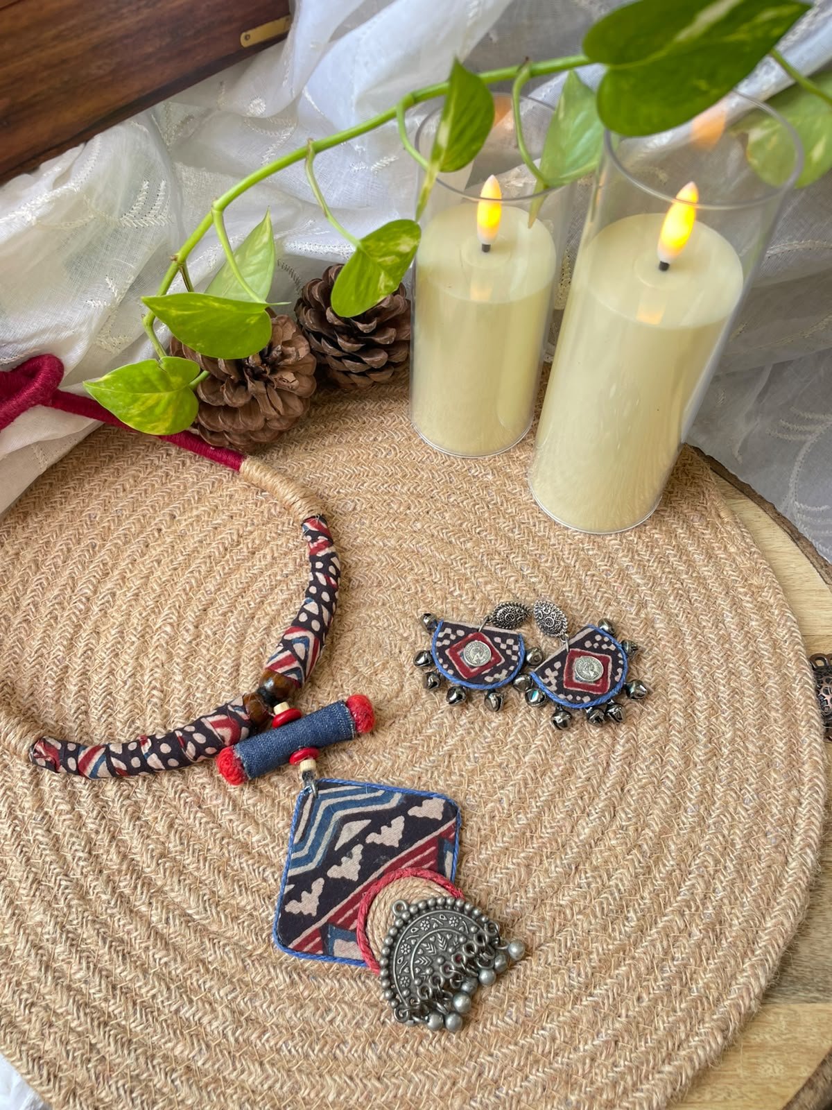 Vanika - Richa: Ajrakh Hasli & Earrings Set